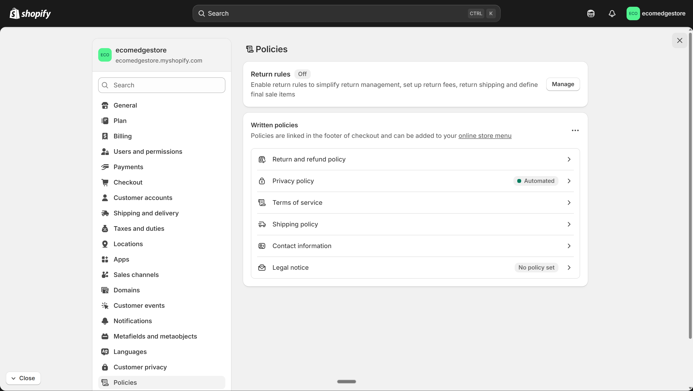 Settings > Policies — all policy pages listed
